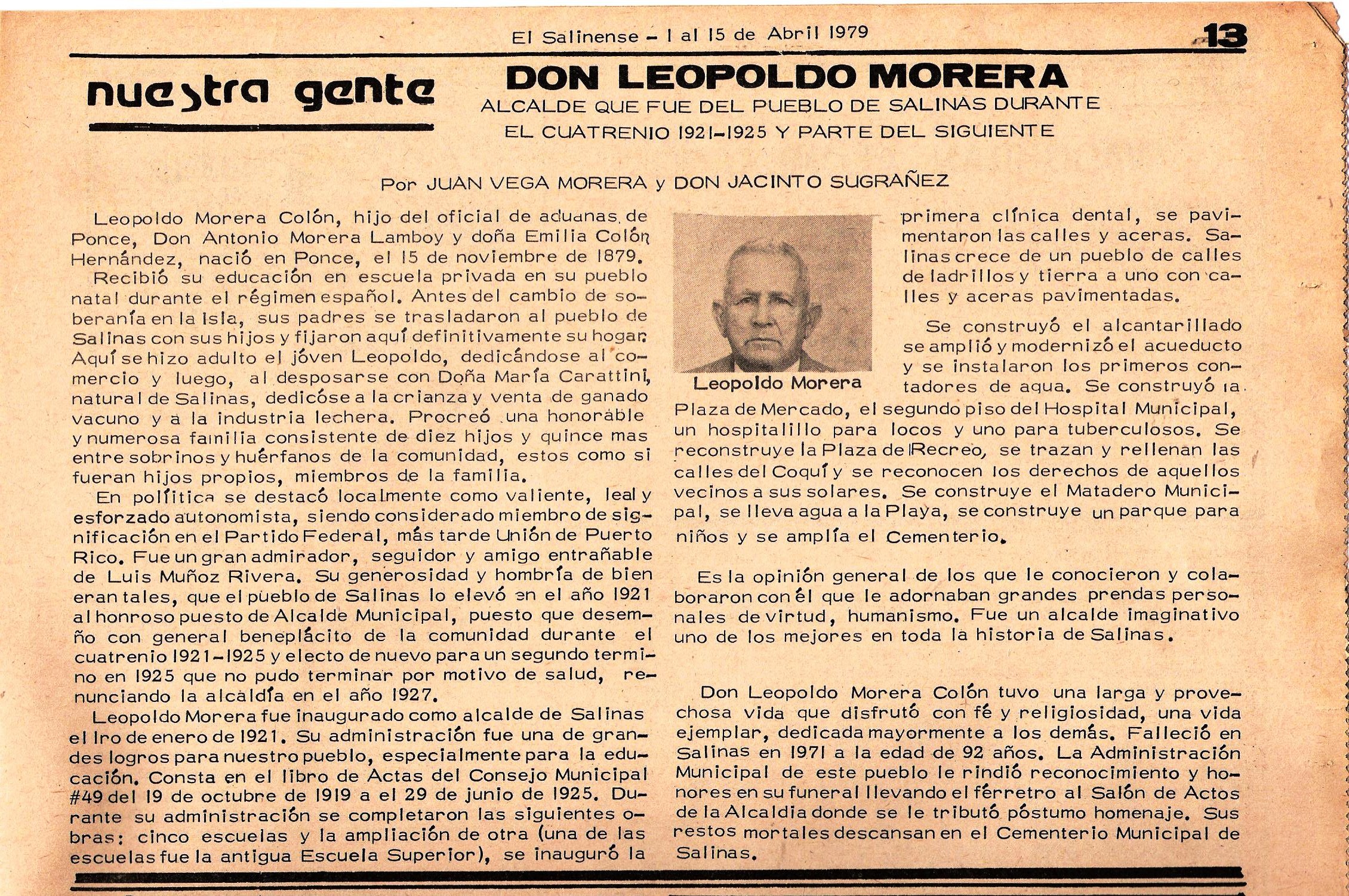 Alcalde de Salinas: Don Leopoldo Morera / por Juan Vega Morera y Jacinto Sugrañez
